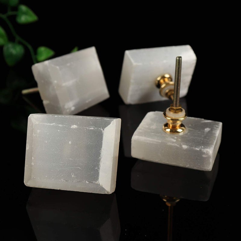JIC Gem 4pcs White Square Cabinet Knobs Selenite Crystal Stone Handle Pulls Large for Drawer Kitchen Cabinets Wardrobe - Image 5